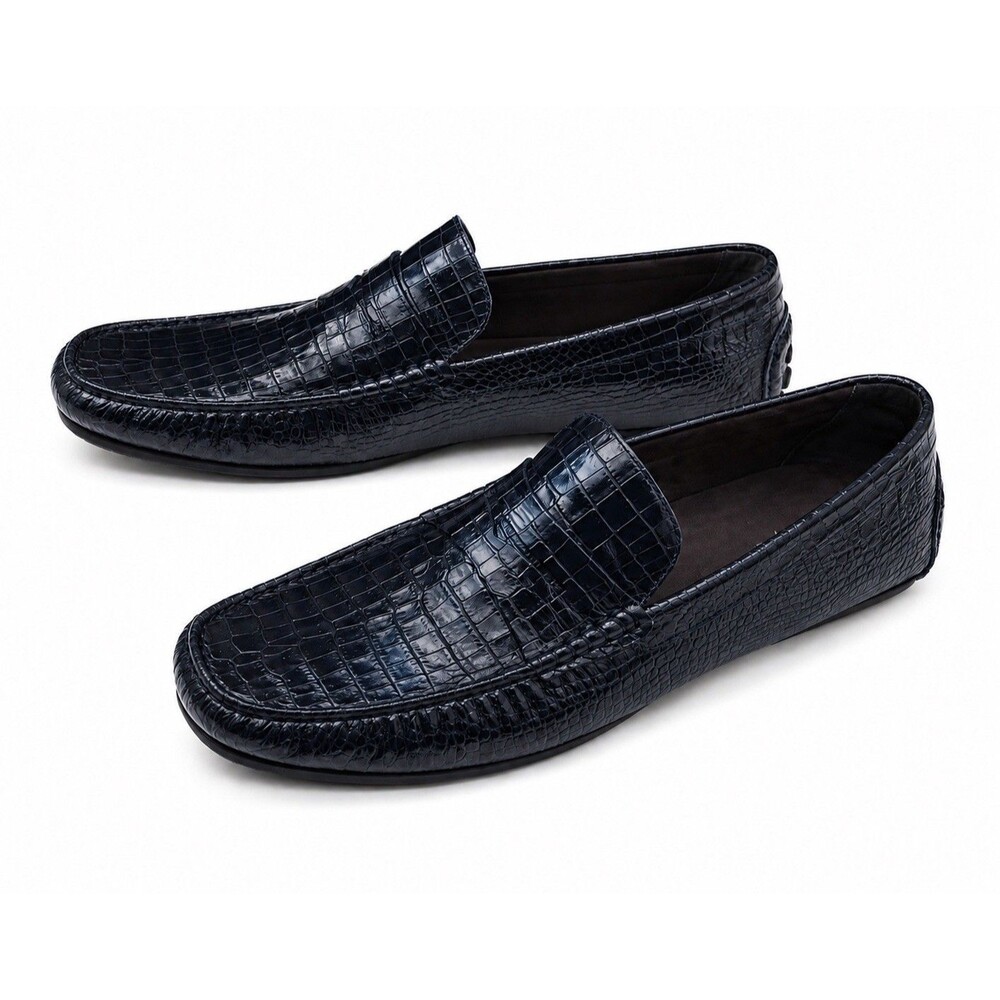 Donald J. Pliner Men Sz - 12m Croc-Embossed Leather Loafers Navy Blue Lux EUC
